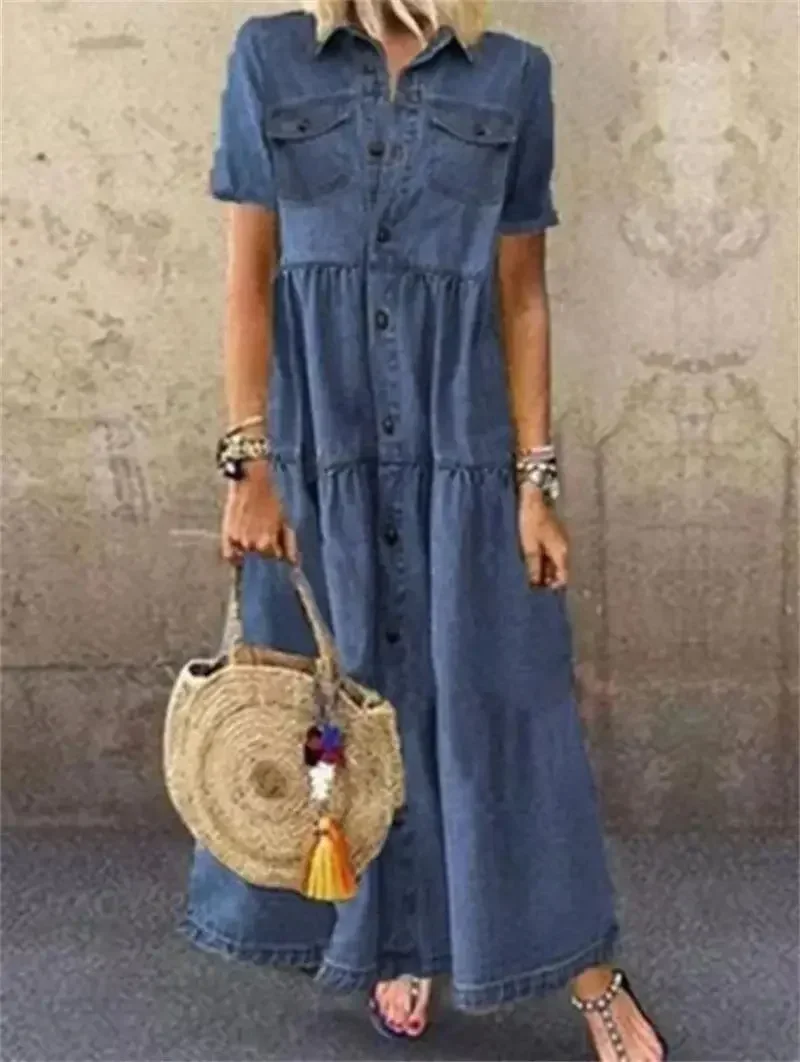 Летнее повседневное джинсовое стильное женское длинное платье с лацканами и