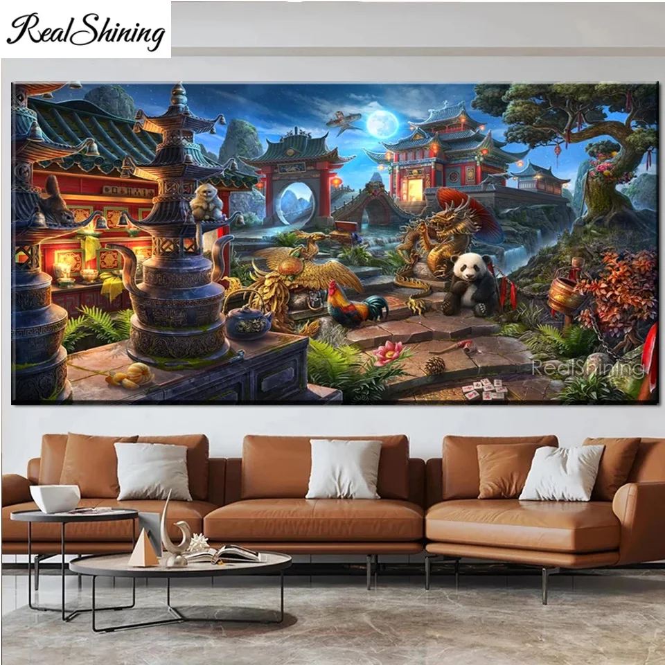 

Fantasy Moon Gate Hidden City 5D DIY Diamond Painting Rooster,Phoenix,Panda Mosaic Full Drill Palace Temple Diamond Embroidery