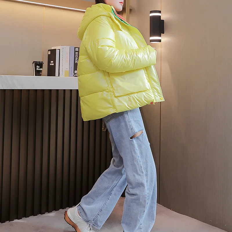 Glossy Cotton Thickening Jackets Female Short Outerwear Winter Loose Korean Women's Coats Bread Clothes Color Match Overcoat New