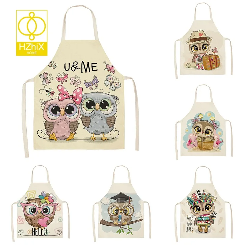 

Cartoon Owl Pattern Kitchen Apron Sleeveless Cotton Linen Kids Aprons For Cooking Baking BBQ Home Cleaning Tools Tablier Cuisine