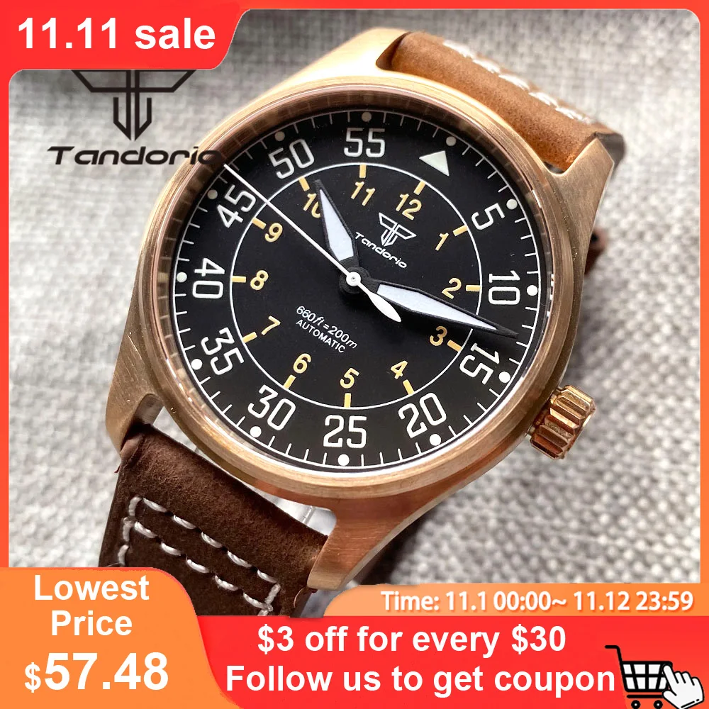Цена Тандорио CUSN8, бронза/нержавеющая сталь, 200 м, пилот PT5000 NH35A, автоматический подводный мужской кожаный ремешок с черным циферблатом