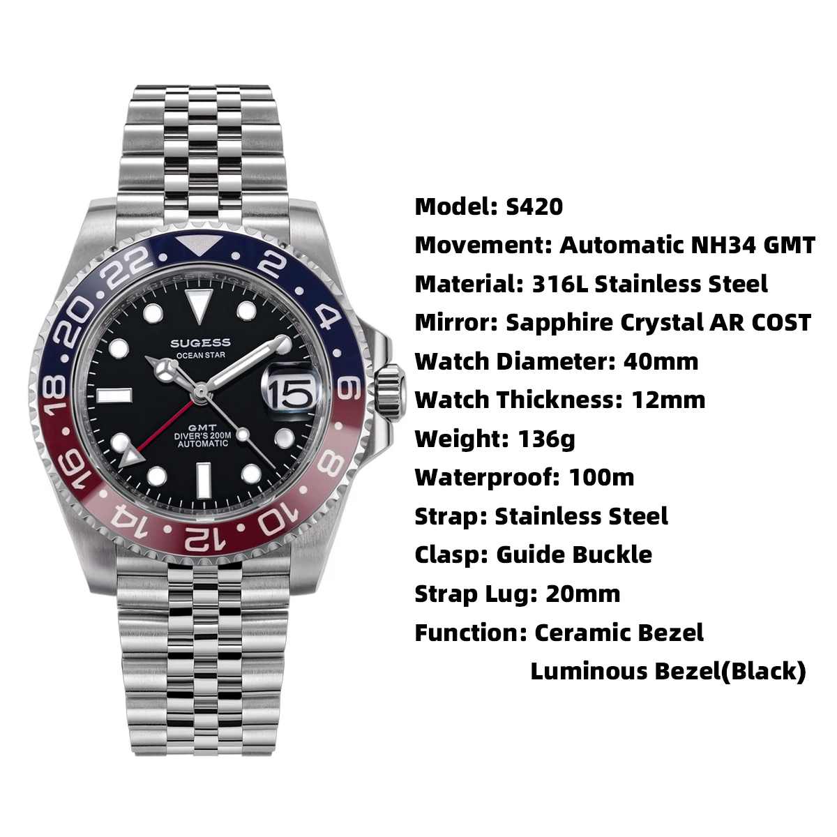 Мужские часы Sugess GMT для дайвинга, автоматические механические водонепроницаемые наручные часы, японский механизм NH34, керамический безель, ремешок Jubille, новинка (art.: 3920ceddc6303) - 3920ceddc6303