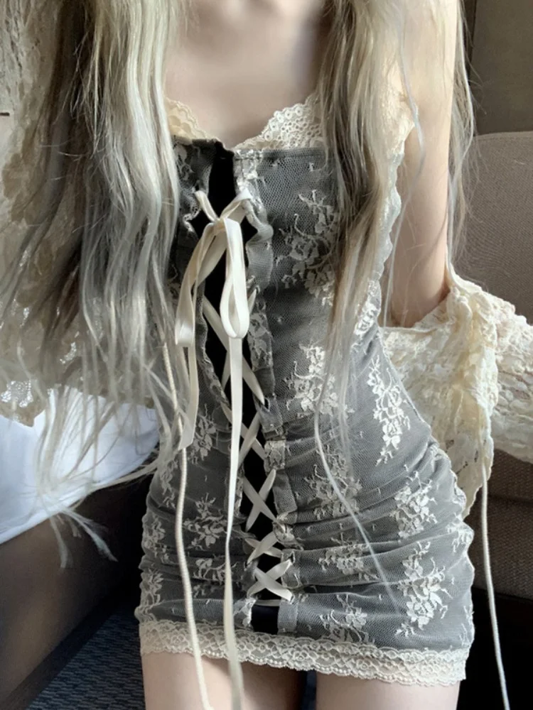 

Gyaru Mini Dresses Sexy Bandage Sundress Jacquard Summer Dress Women 2023 Lace Bodycon Dress Korean Fashion Y2k Clothes Women