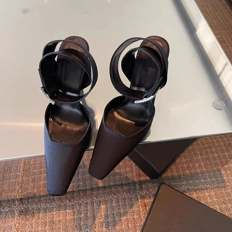 2023 New Style Rhinestone Square Buckle Thin Heel Wrapped Sandals Square Back Hollow Shallow High Heel Single Shoes