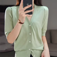 four seasons moze summer new worsted wool knitted cardigan short sleeved ladies v neck solid color high end fashion top