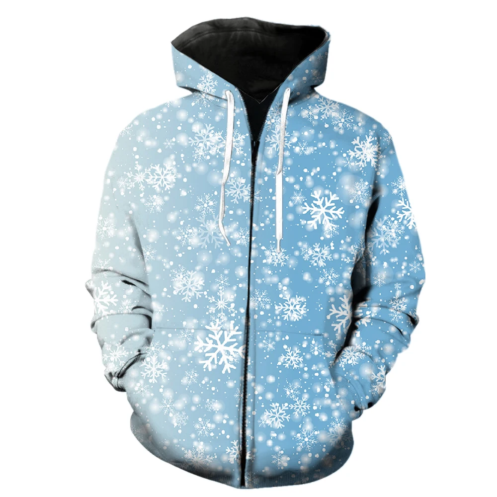 

Winter Snowflake Pattern Men's Zipper Hoodie With Hood Jackets 3D Printed 2022 Hot Sale Teens Fashion Casual Sweatshirts Tops