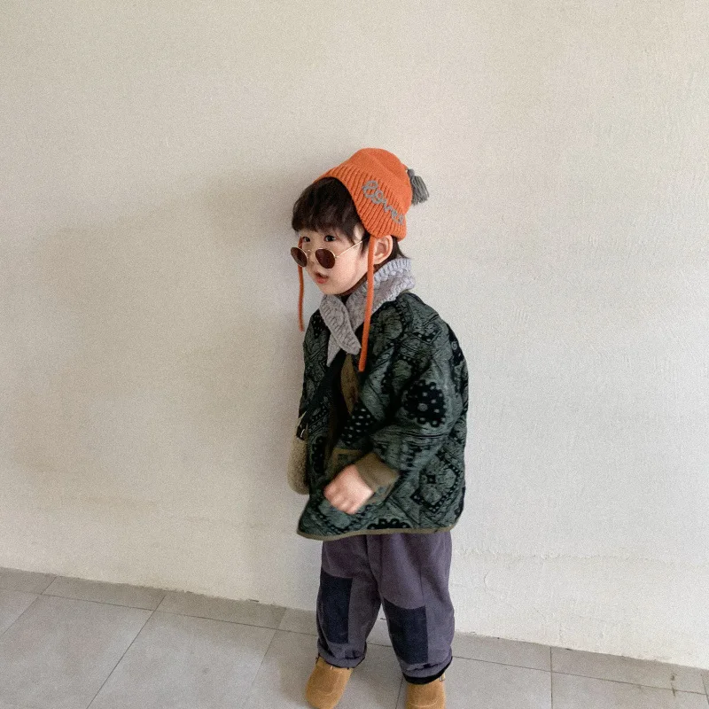 Children Coat 2021 Autumn New Long Sleeve Pattern Late Autumn Boys and Girls Retro Cotton Padded Clothes Kids Loose Cotton Tops