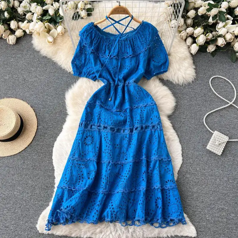 

WEIHAOBANG 2022 Summer Women's New Solid Color Round Neck Short Sleeve High Waist Slim Fitting Dress Medium Length A-line Skirt