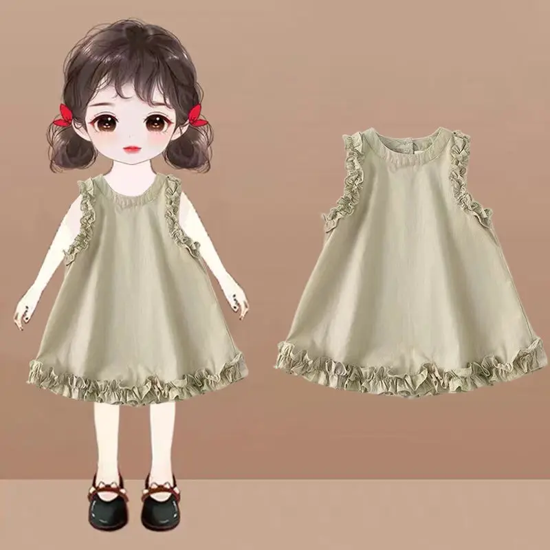 

Женское летнее платье без рукавов, с круглым вырезом и оборками