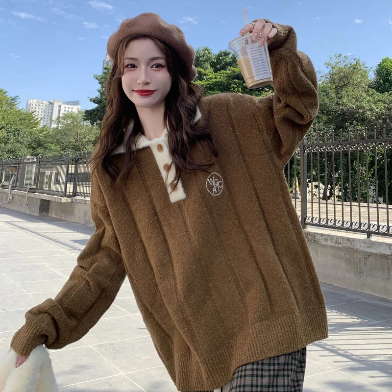 

Свитер с воротником-поло, Женская осенне-зимняя подкладка с базовой отделкой, новинка 2021, свободный и ленивый, в стиле преппи для маленьких л...