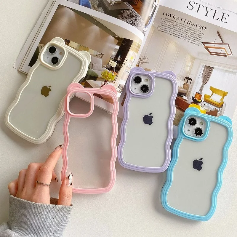 

Cute 3D Bear Ear Wavy Bumper Phone Case For iPhone 13 12 11 Pro Max X XR XS Max Soft Shockproof Transparent Protective Cover