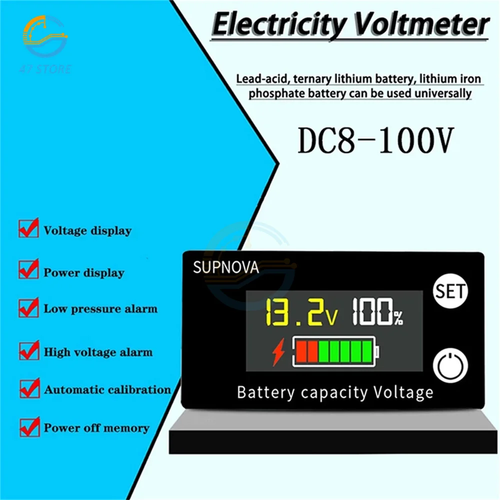 

Battery Capacity Indicator DC 8V-100V Lead Acid Lithium LiFePO4 Car Motorcycle Voltmeter Voltage Gauge 12V 24V 48V 72V for Alarm