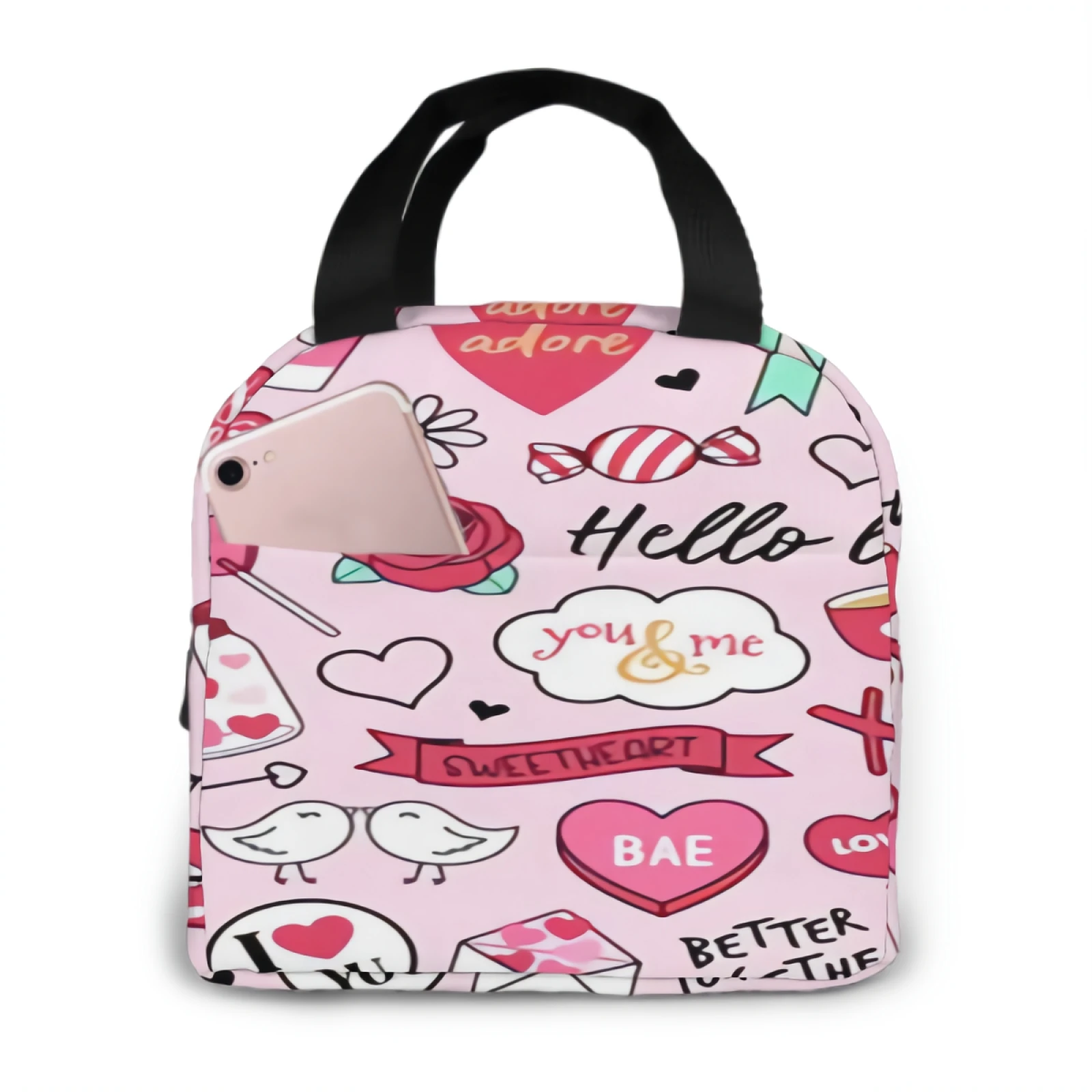 

Cute Typography Lunch Box with Adjustable Shoulder Strap Reusable Zipper Cooler Tote Bag for Work,Picnic,Camping