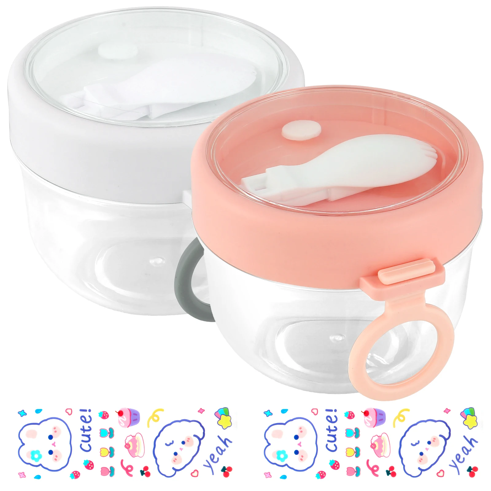 

2Pcs Oats Jar to Go with Lids Airtight Breakfast On the Go Cups with Stickers Portable 600ml Oatmeal Cups Storage Compact Yogurt
