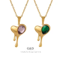 gd fashion summer melted heart green crystal pendant necklace stainless steel waterproof jewelry for women party gift luxury