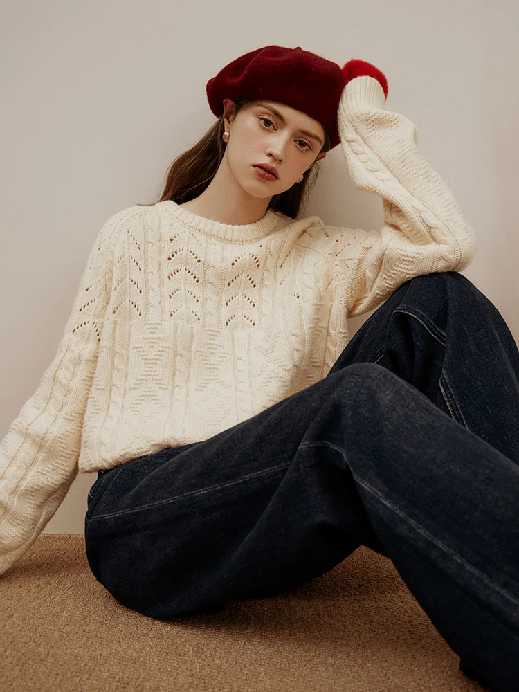 FSLE офисный женский витой шерстяной свободный пуловер с круглым вырезом свитер 2023