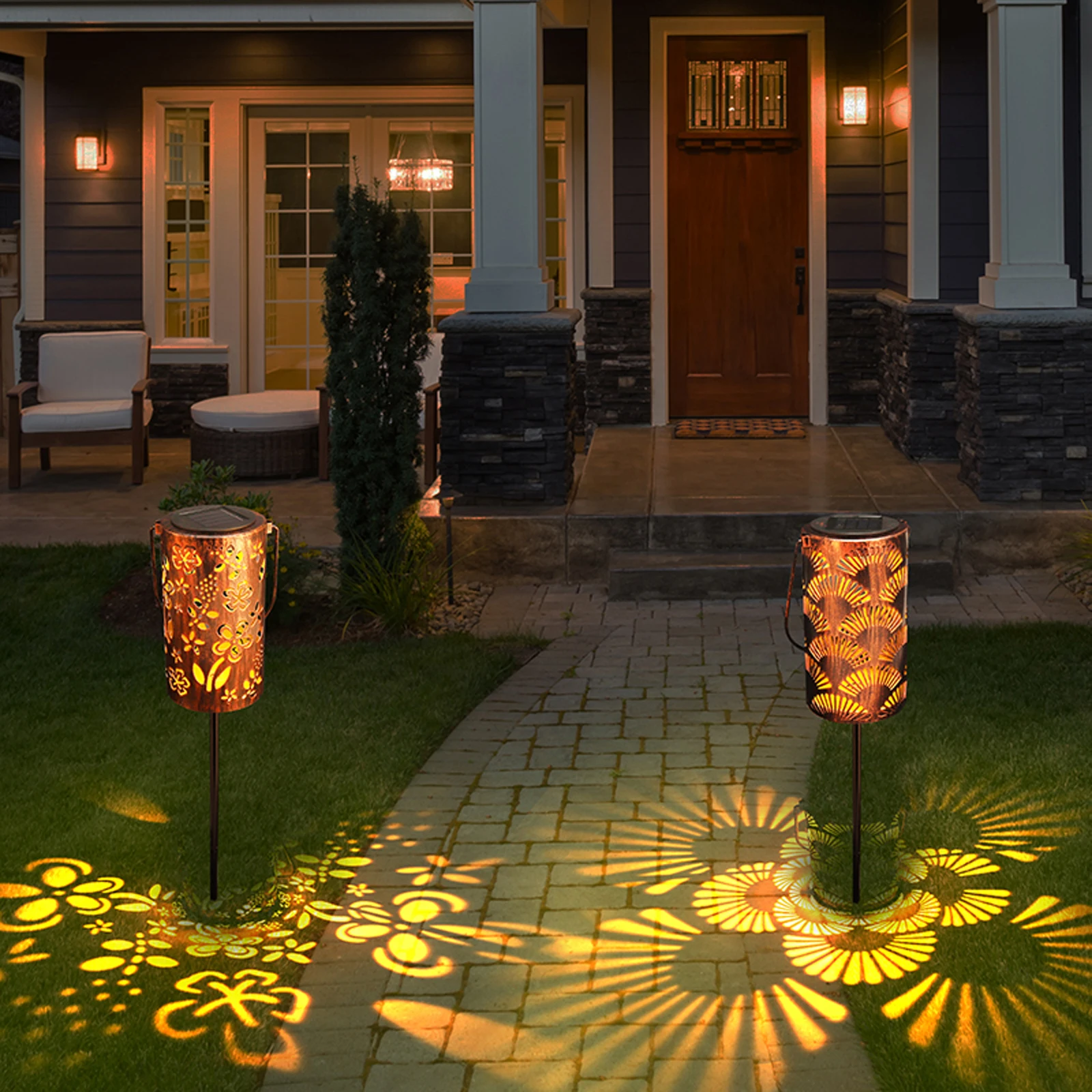 

Garden Lights Outdoor Lawn Lamp Solar Pathway Lights Landscape Wrought Iron Hollow-out Lampshade Hanging Lantern Lam Light