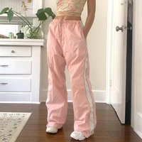 y2k patchwork side stripe sweatpants pink baggy zipper pants ladies pink cute sport joggers streetwear fashion