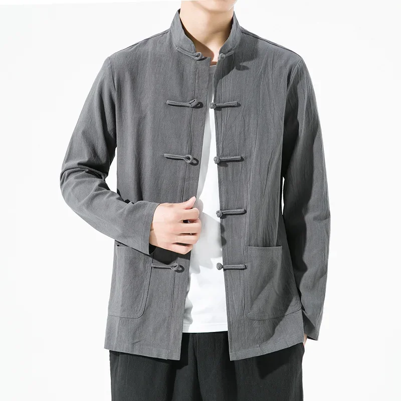 Винтажная свободная Однотонная рубашка с длинным рукавом повседневный мужской