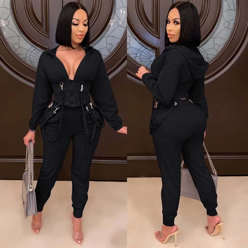 

2022 Ladies Two-piece Long-sleeved Sweatshirt Pants Sportswear Temperament Commuter Trend Zipper Slim Cap Collar Two-piece Suit