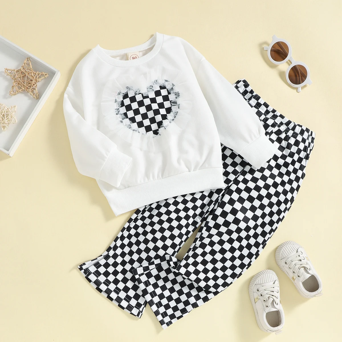 

hibobi Kids Casual Clothes Autumn 2PCS Girls Top Long Pants Toddler Heart-shaped Plaid Sweater & Trousers Children's Clothing