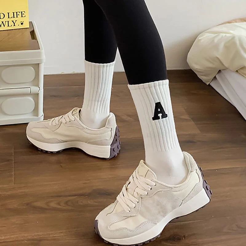 Embroidered Letter Cotton Socks Women Casual Long Korean Style Girl Students Japanese Fashion Socks Solid Color Cycling Sport