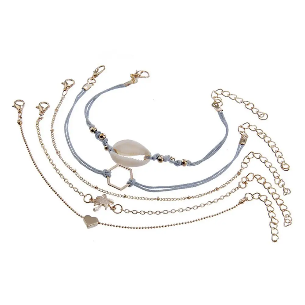

Hand Jewelry Shell Love Coconut Tree Knotted Braided Rope Alloy Bracelet European and American 5-Piece Set