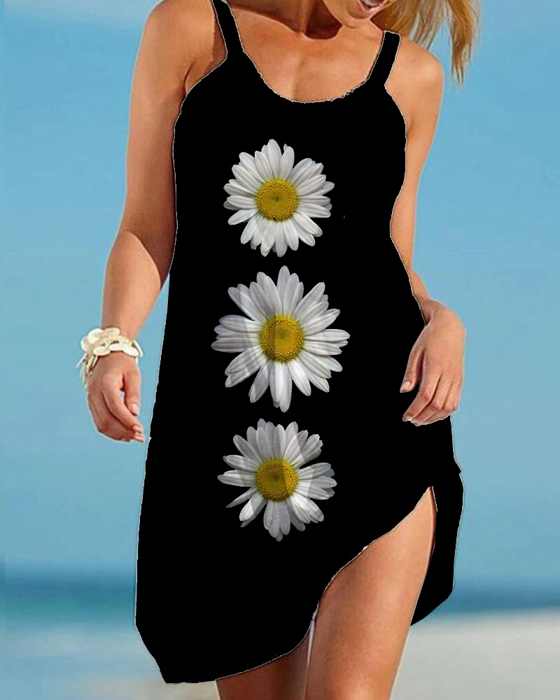 

2023 Spring/Summer New Large Size Sunflower Sling 3D Printing Urban Casual Women's Beach Skirt Mid-waist Long Dress