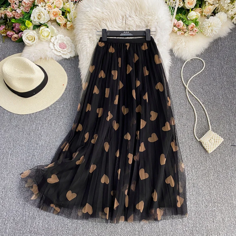 

Elastic Waist Heart Heart Printed Gauze Pleated High Waist, High Swing Medium Length Over the Knee Skirt