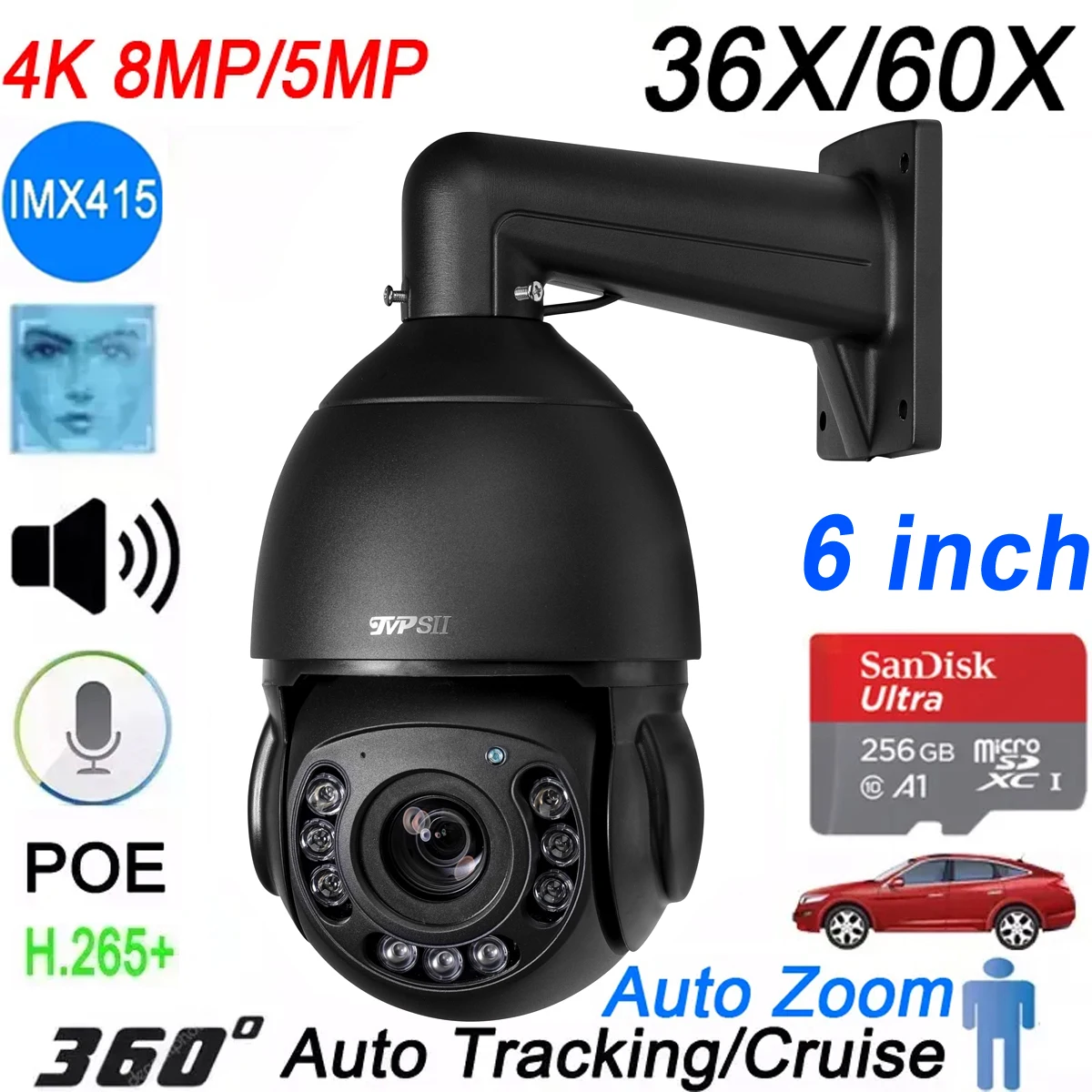 

Black 256gb Auto Tracking 8MP 4K IMX415 36X 60X Optical Zoom 360° Audio Outdoor ONVIF IP POE PTZ Speed Doom Surveillance Camera