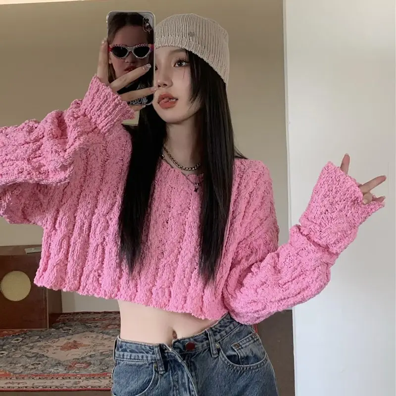 Женский трикотажный свитер с длинным рукавом свободный Однотонный круглым