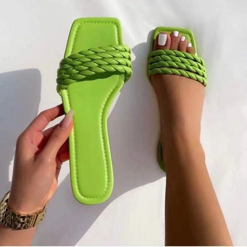 

Women Slippers Women's Party Sandals for Summer Flat with Fashion Woven Candy Colors Open Toe Slip on Slippers Beach Shoes Woman