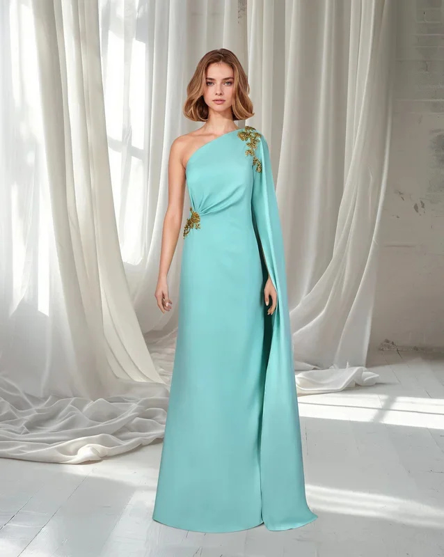 New Design One-Shoulder Prom Dresses with Appliques Saudi Arabic Women Green Satin Evening Gowns Formal Party Dresscustomized
