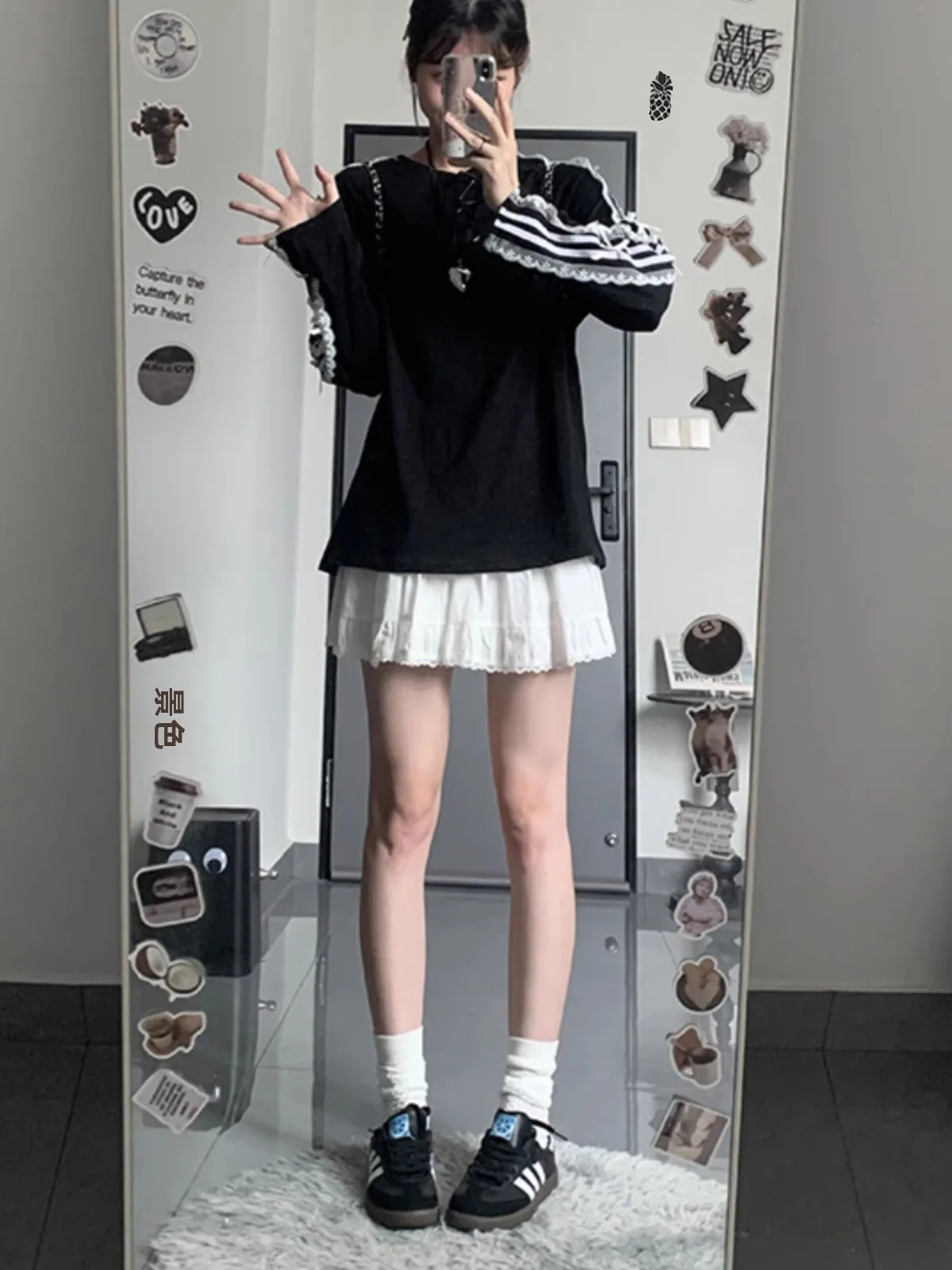 Корейская серия кружевная полосатая рубашка с бантом и длинными рукавами