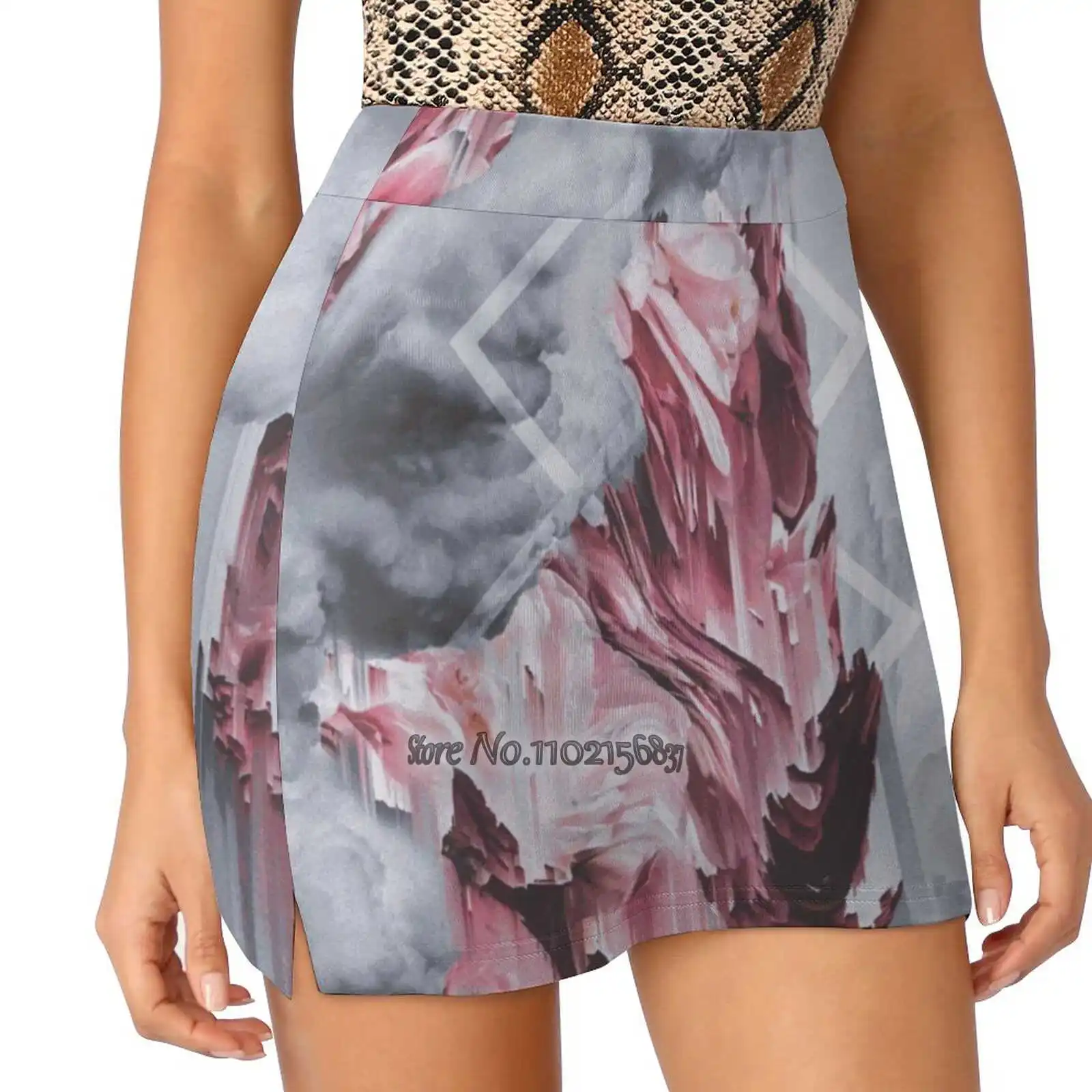 Fitness Athletic Shorts Skirt With Phone Pocket Glitch Art C