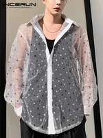 incerun korean style fashion men shirt 2022 sexy see through mesh long sleeve lapel party nightclub shirts streetwear blouse 5xl