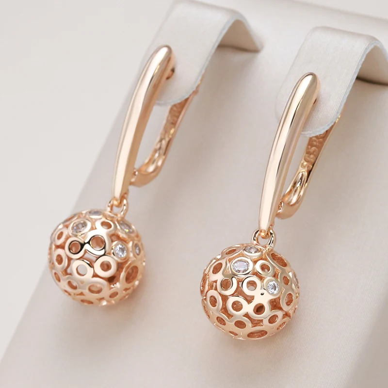 

Kinel New Hollow Round Ball Long Earrings 585 Rose Gold With Natural Zircon Women Earrings Unique Fashion Everyday Jewelry