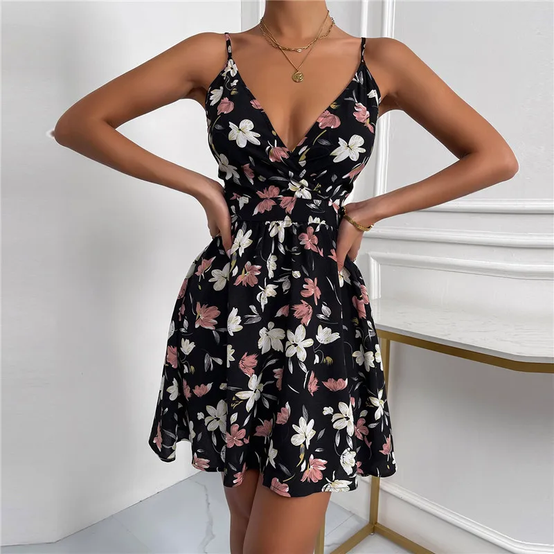 

2022 New Women Floral Print Dresses Sexy Deep V Spaghetti Strap Backless Dress Summer Bohemian Ladies Slim A-Line Dress