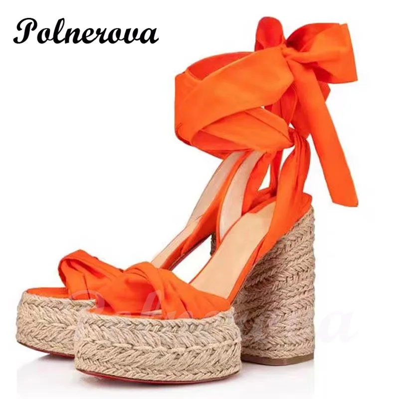 Blue Denim Platform Espadarille Ankle Straps Sandals Riband Slingback Orange Thick Heel Cloth Belt Open Hollow Strap Casual Shoe