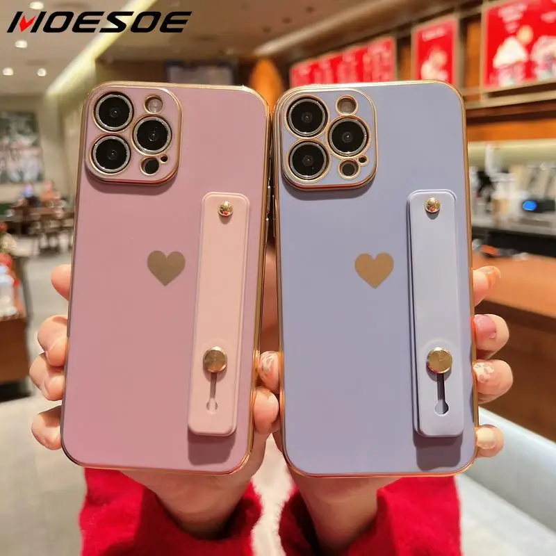 

Soft Matte Wrist Strap Plating Love Heart Phone Case For iPhone 11 12 13 Pro Max XS X XR 7 8 Plus Mini SE 2020 Bumper Back Cover
