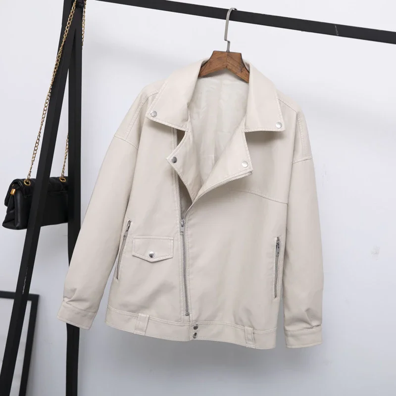 Pu Leather Jacket Women Fashion Bright Colors Beige Motorcycle Coat Short Faux Leather Biker Jacket Soft Jacket Female