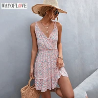 wayoflove summer holiday sexy strap dress women party casual beach backless slim vestidos vintage ruffles floral printed dresses