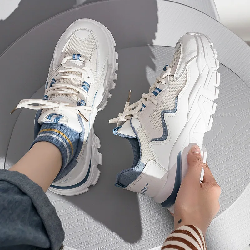 

Women's Sneakers Casual Shoes for Women Ladies PU Leather and Mesh Fabric White Shoes Lace-up Platform Female Breathable Flat