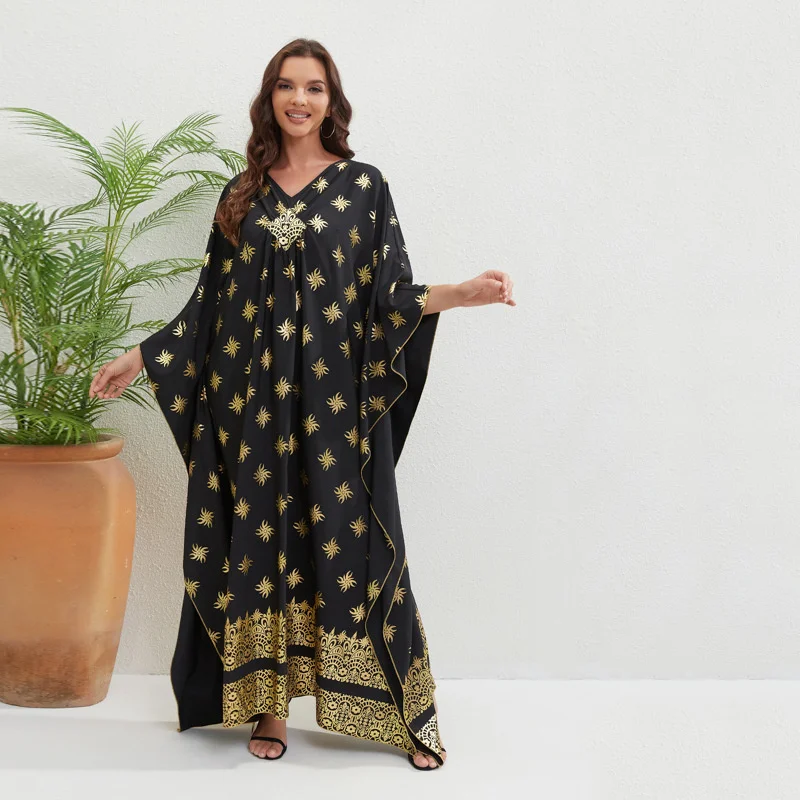 Muslin Dress Abaya With Bat Sleeves Summer Gilded Oversized Long Dress Loose Fitting Casual Robe Dress Dubai Islam Saudi Arabic