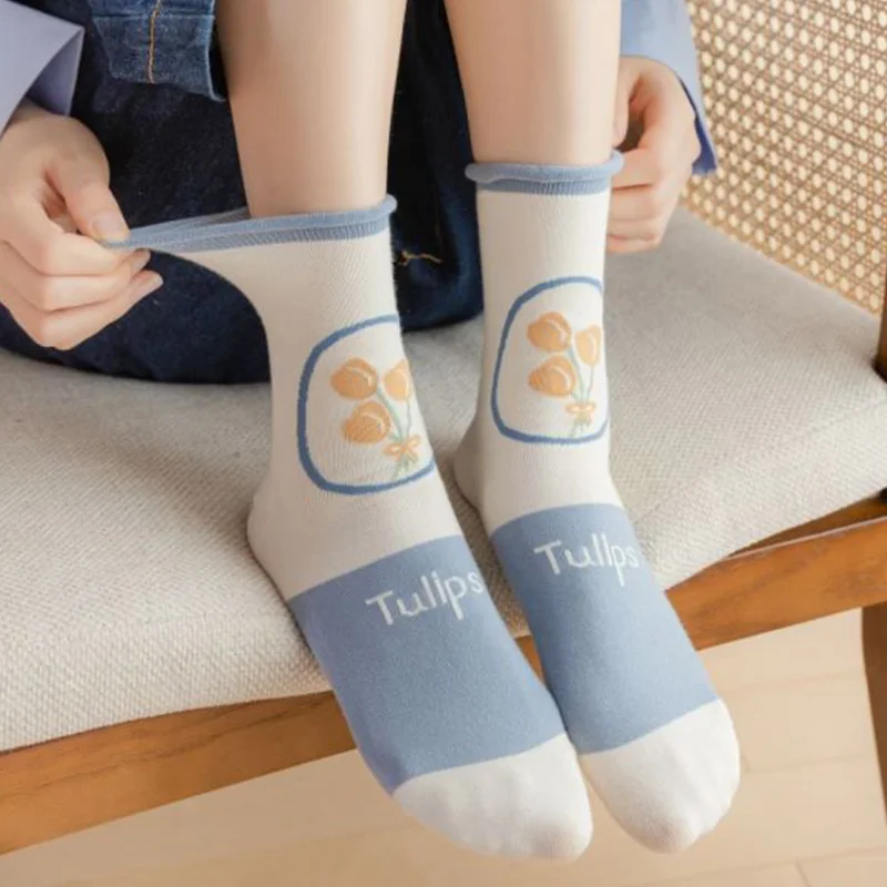 5 Pairs Lolita Fashion Printing Cotton Socks Women Long Autumn Winter Slouch Socks Japanese Style Kawaii Streetwear Woman Socks