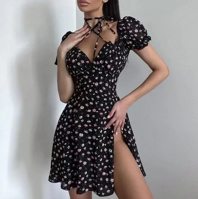 

Floar Print Casual Split Dress Women Sexy Square Collar Sling Long Sleeves Dress Elegant Folds Patchwork Beach Dresses Mujer