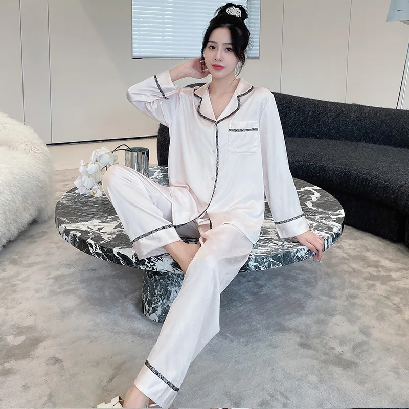 2023 Autumn Light Luxury Pajamas Women's Ice Silk Long Sleeve Two-Piece Set Camellia Jacquard Artificial Silk Home Wear