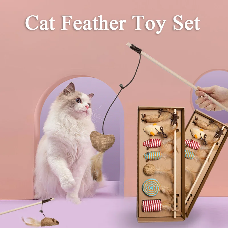 

Cat Toy Feather Set Interactive Wood Fishing Rod Funny Pet Products Mouse Paw Games Cute Toys for Pets Linen Cats Stick Dropship