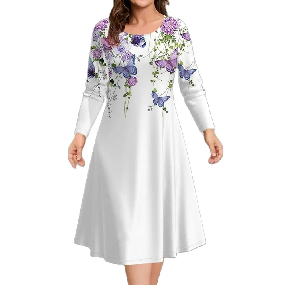 

Elegant Dresses For Female Party Women's Dress Long Sleeve Fashion Tops Butterfly Print Casual Cotton Quality Oversized Dresses
