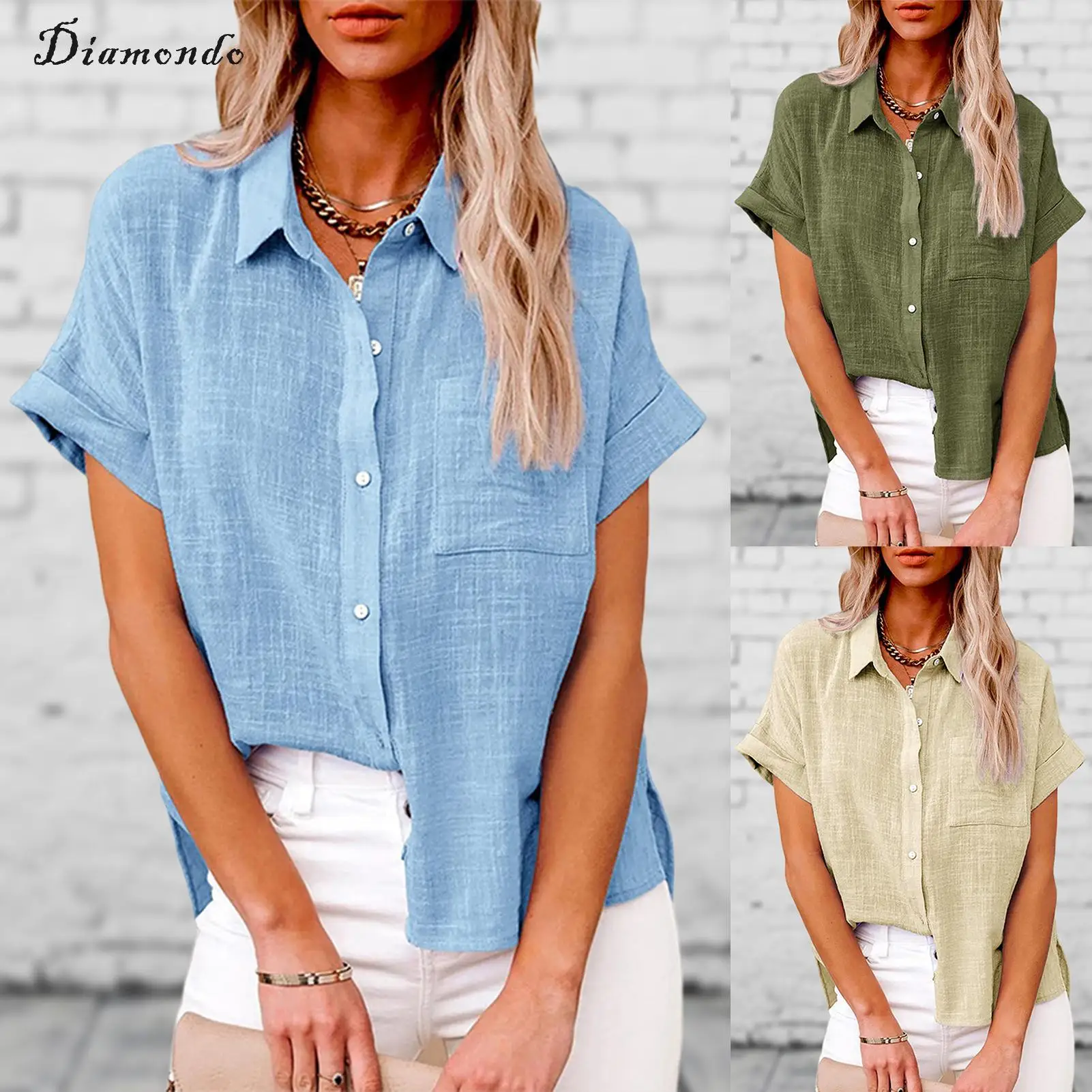 

Women Loose Shirt Blouse Short Sleeve Ladies Simple Blouse Turn Down Collar Cotton Linen V Neck Solid Color Vacation Suit